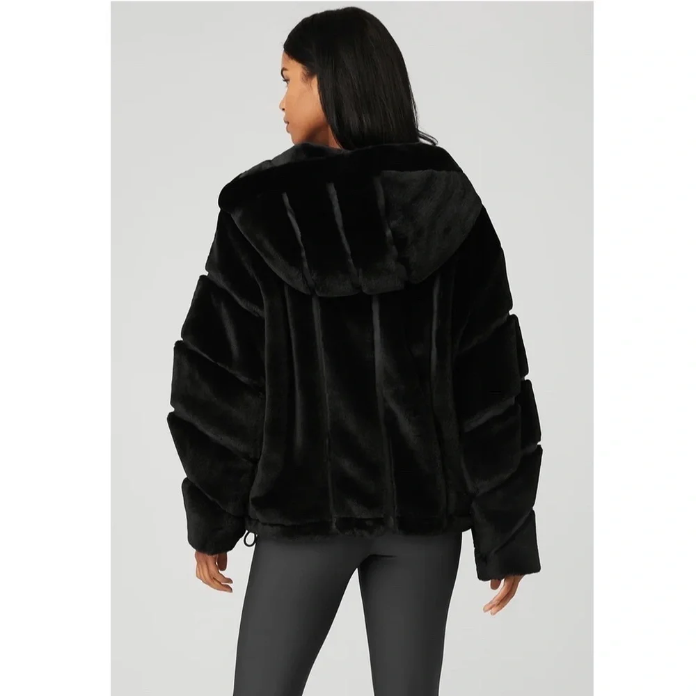 ALO Yoga Knock Out Faux Fur and Leather Hooded Oversized Jacket Coat Black
